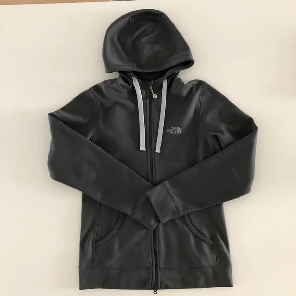 North Face Front Zip Hoodie Bomber Jacket Grey w Baby Blue Drawstrings Sz S - Picture 2 of 15